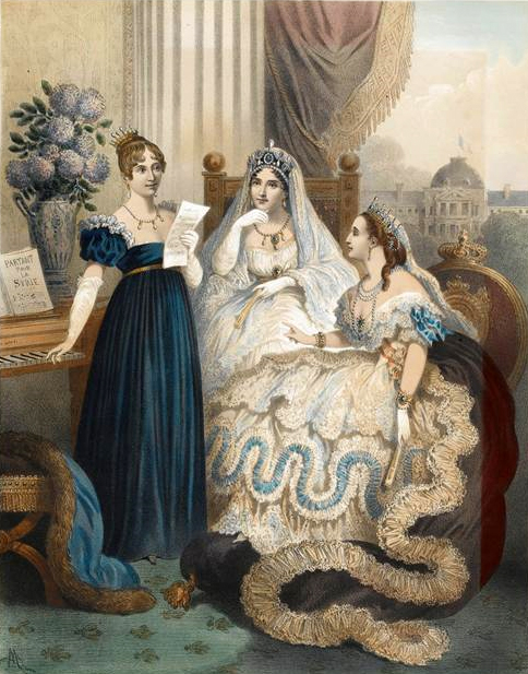 Hortense de Beauharnais chantant Partant pour la Syrie devant les impératrices Joséphine et Eugénie (scène fictive). Hortense de Beauharnais chantant Partant pour la Syrie devant les impératrices Joséphine et Eugénie (scène fictive).
