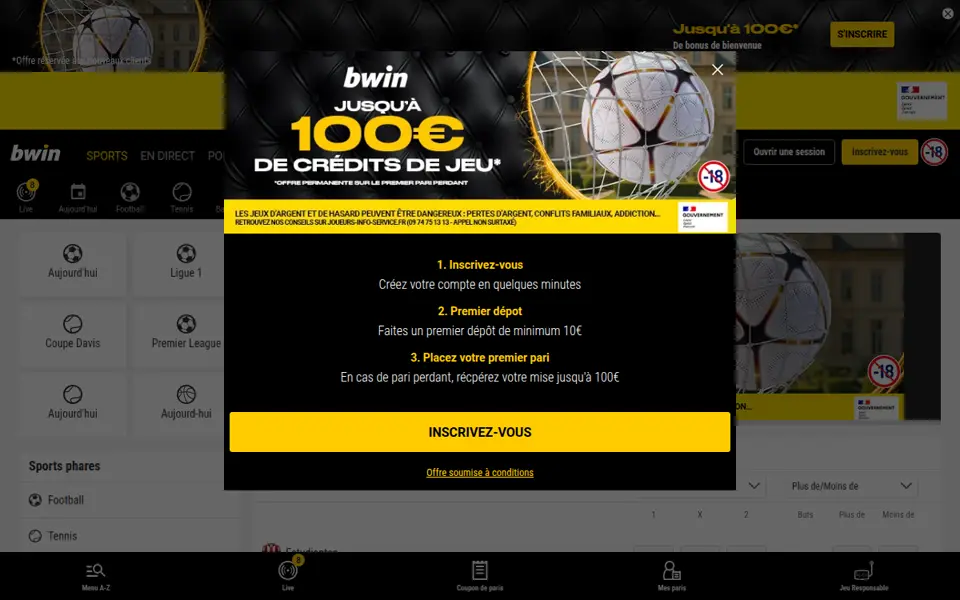 Page d'accueil de Bwin France, opérateur agréé ANJ pour les paris sportifs et le poker