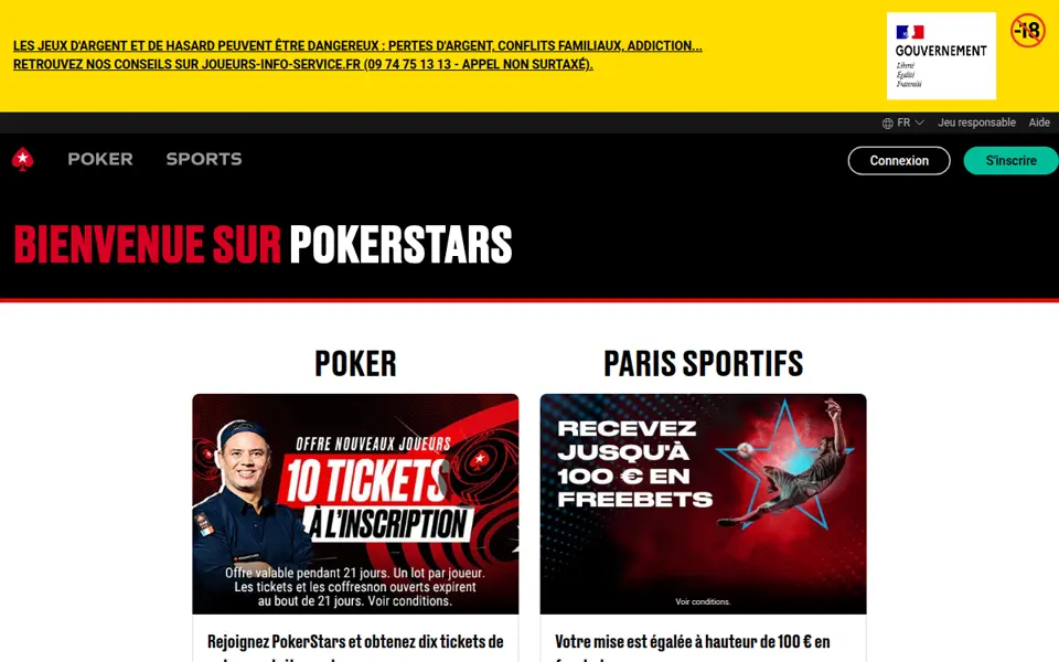 Page d'accueil de PokerStars France, opérateur agréé ANJ pour le poker et les paris sportifs